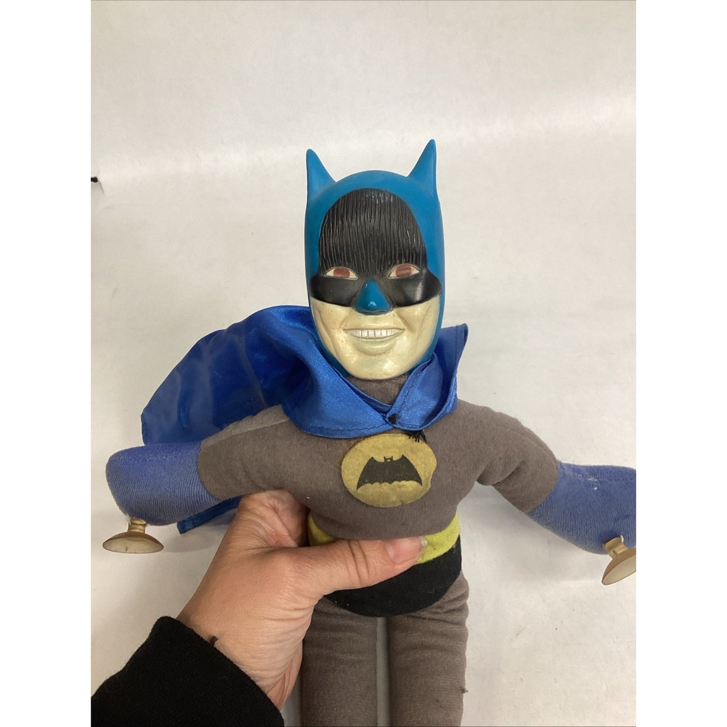 Vintage 1960's-1970's 13.5" Batman Plush Doll W/ Hard Plastic Face Window Cling