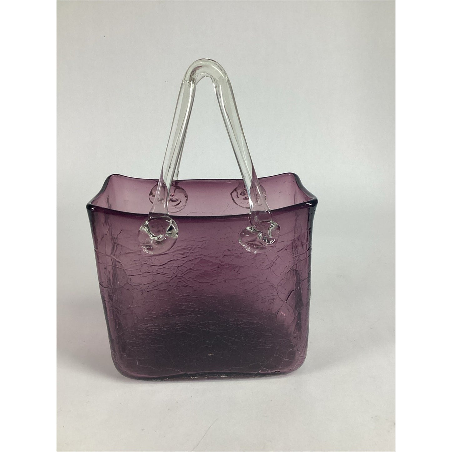 Hand Blown Crackled Glass Purple Amethyst Purse Decorative Vase