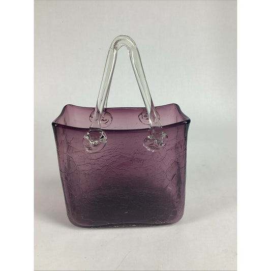 Hand Blown Crackled Glass Purple Amethyst Purse Decorative Vase