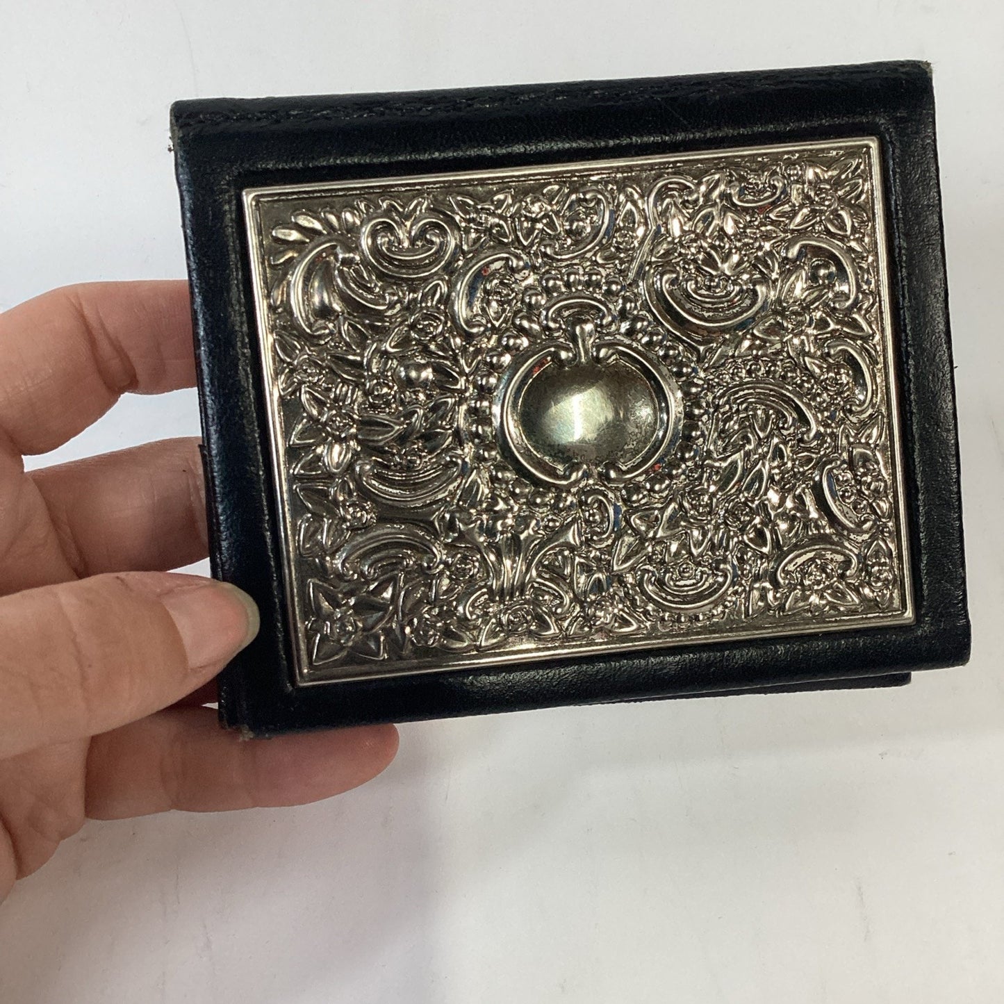 Vintage Black Leather Card Wallet - Intricate Baroque Style Repousse Floral Work