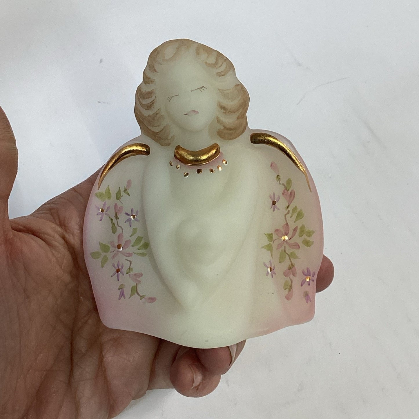 Fenton Satin Glass Pink Guardian Angel Figurine Signed S. Schnesberger
