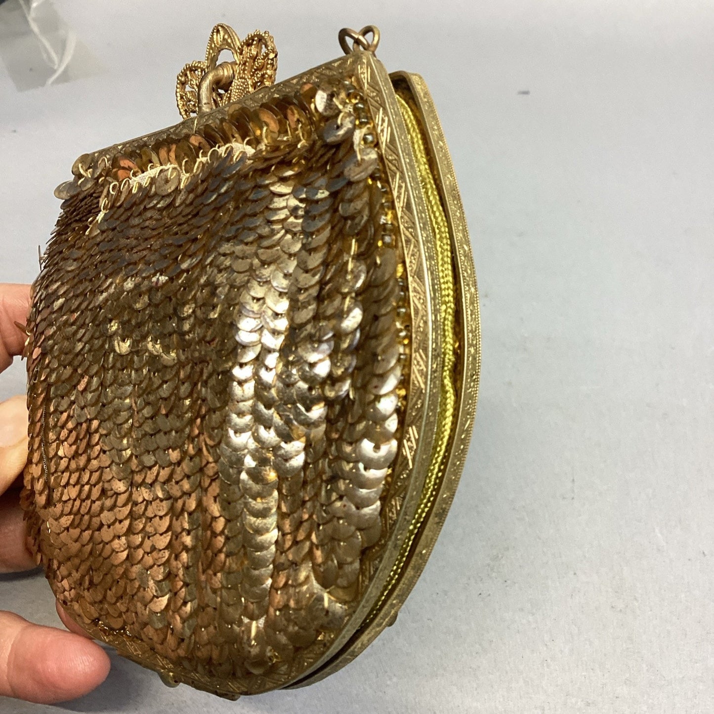 Antique Women’s Gold Sequin Mesh Change Purse With Shoulder Strap & Mirror