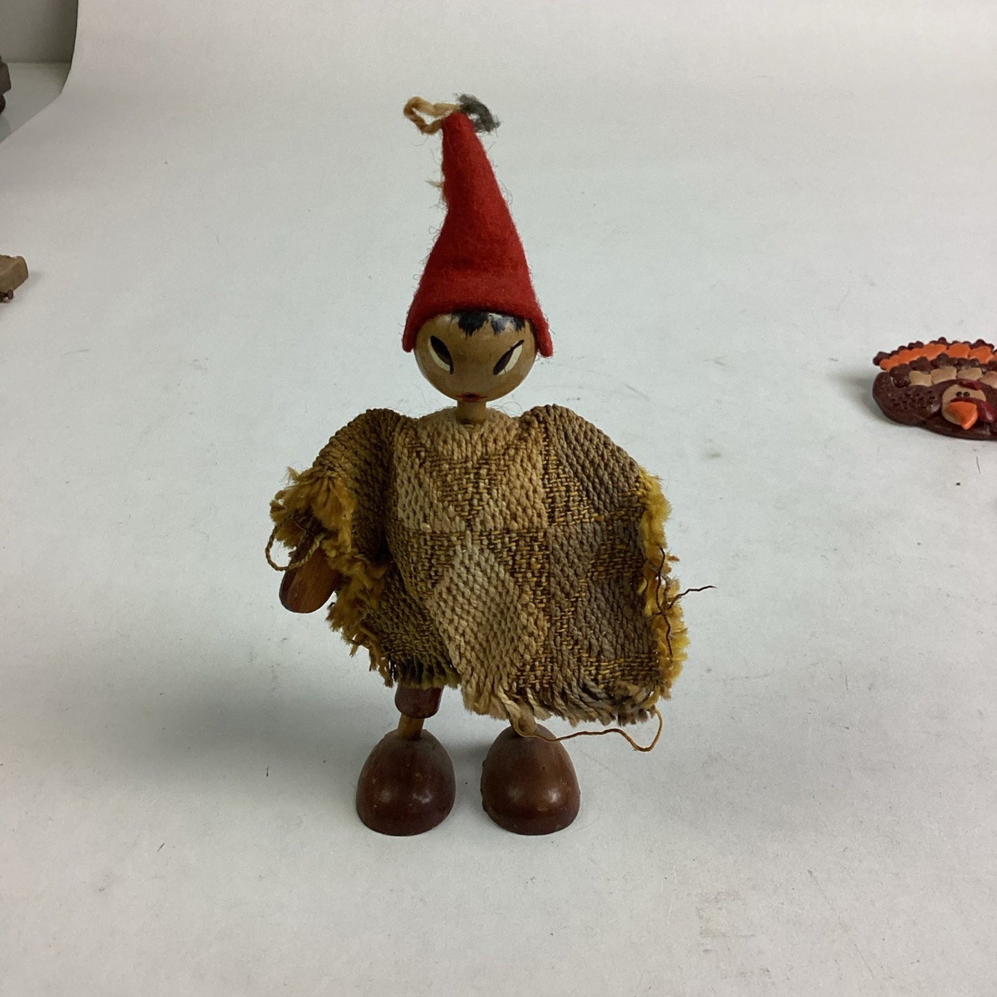 Wooden Handmade Doll, Handmade Turkey Pin & Hand Painted Eyeball Pottery