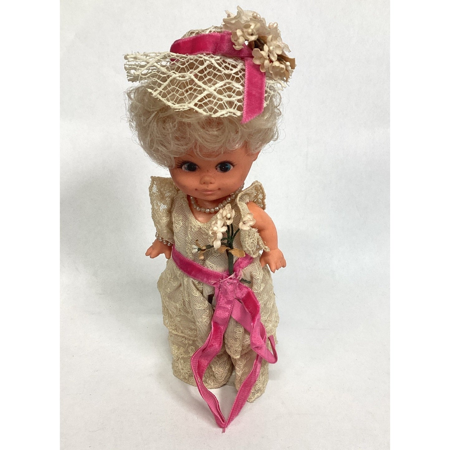 Vintage 1970’s Victorian Southern Belle W/ Lace Gown & Bonnet Made In Hong Kong