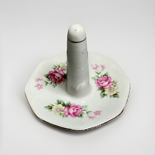 Vintage Porcelain Ring Holder Trinket Dish Pink & Yellow Flowers & Gold Trim