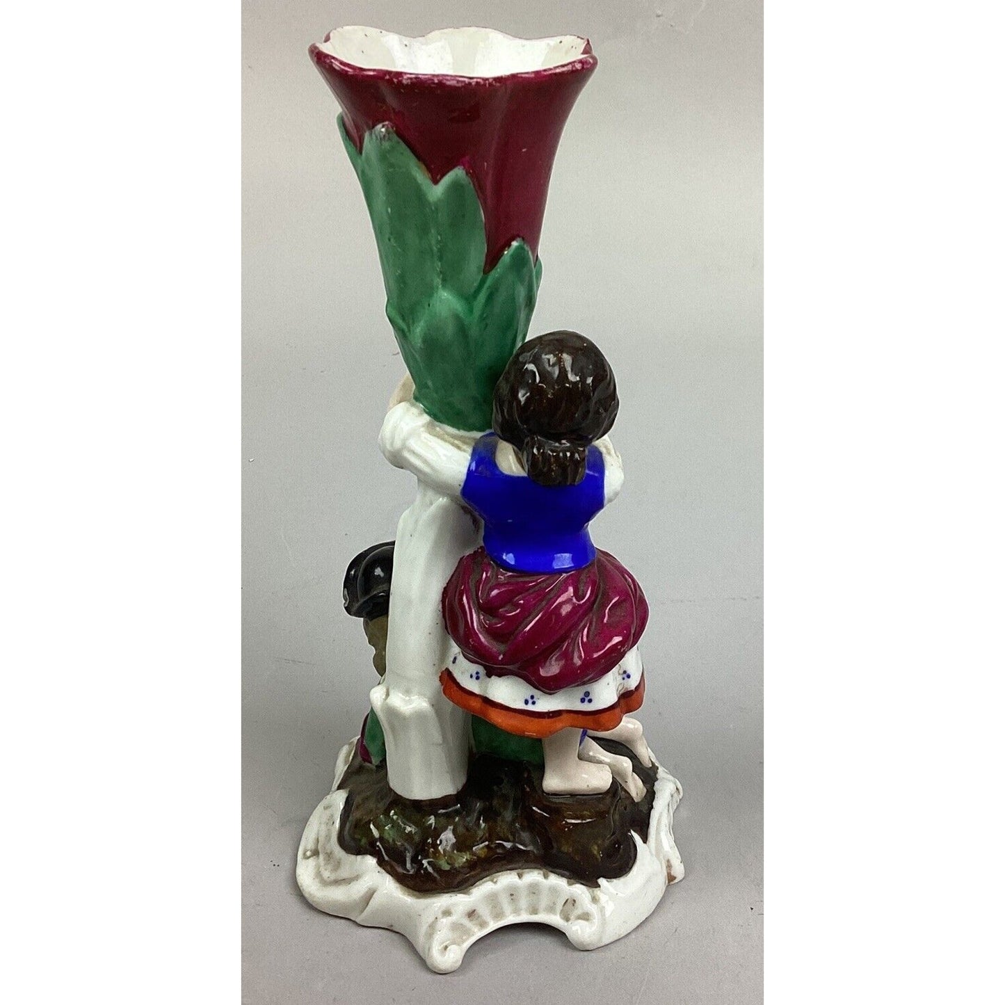 Vintage Porcelain Boy And Girl Red Rose Candlestick Holder - 7.5”