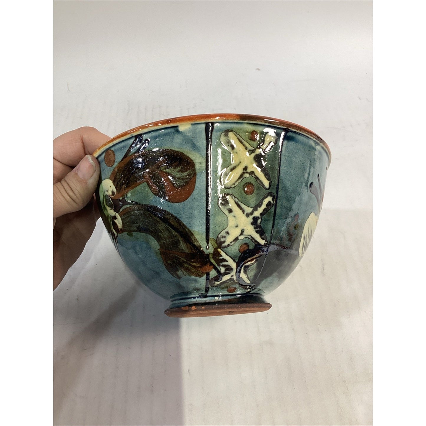 Lot Of 3 Hand Painted Glazed Pottery Bowls - 3.75”Hx6.5”D