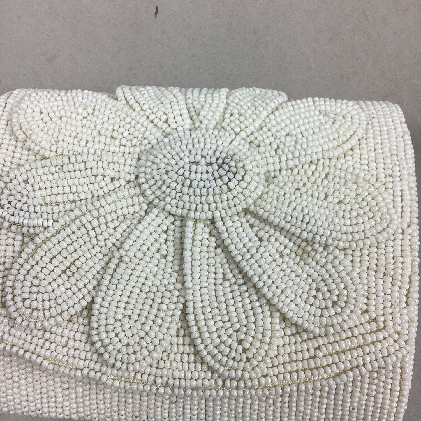 Vintage Rosenfeld White Beaded Floral Clutch Handbag - Handmade In Japan