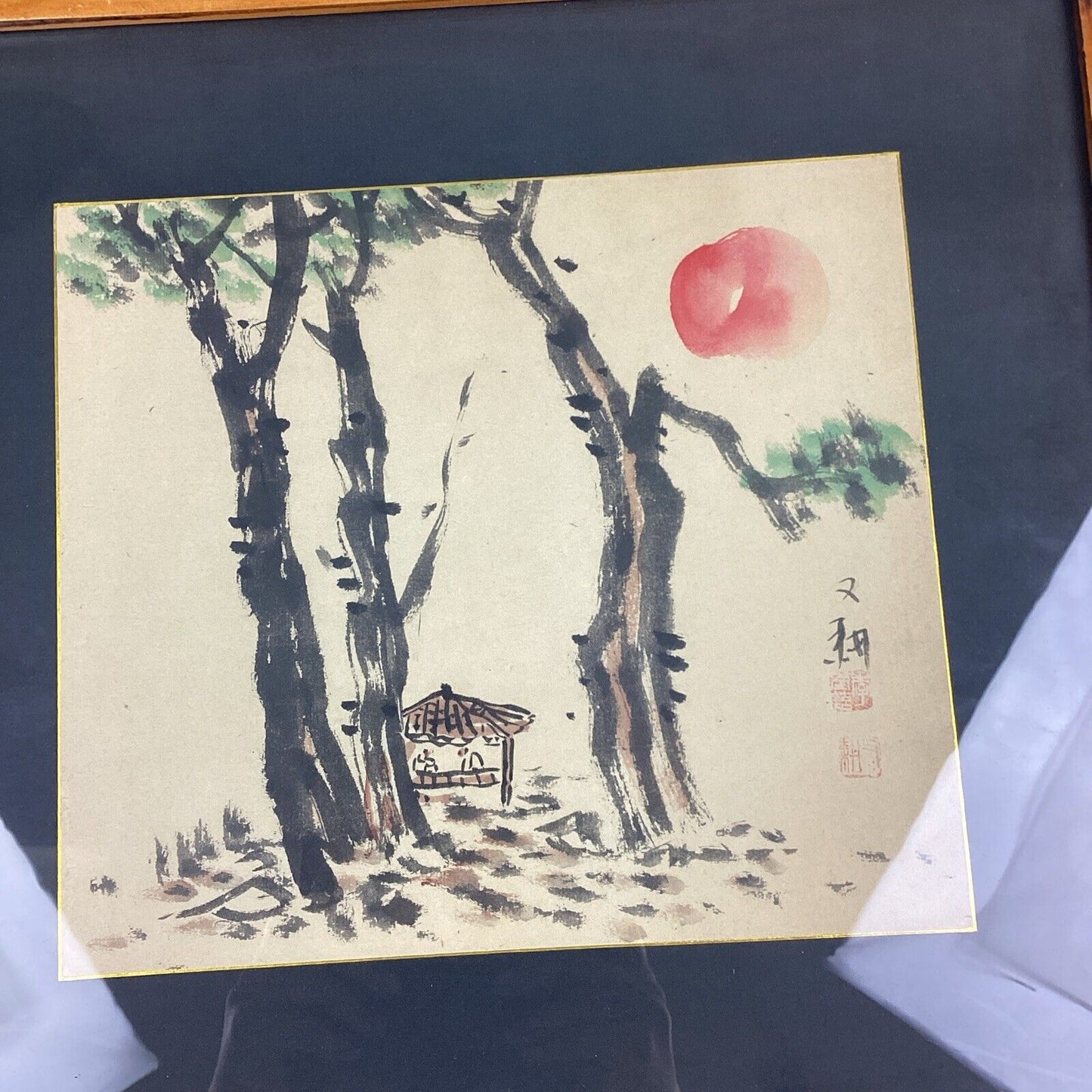 Chinese Watercolor Painting Of Trees And Sun