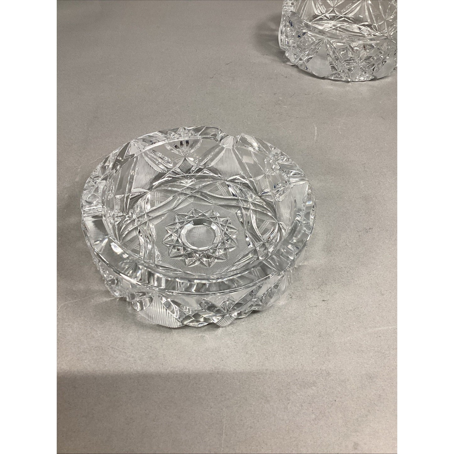 Set Of 2 Vintage Large Heavy Cut Glass Crystal Ashtrays - 6”D