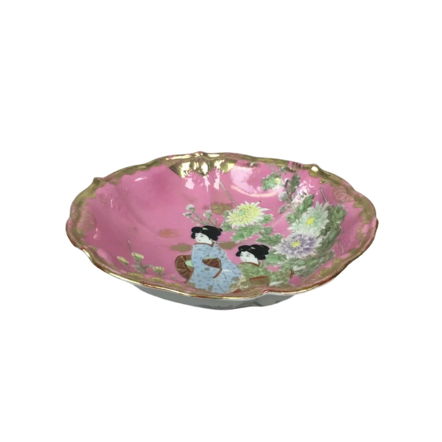 Antique Japenese People pink bowl with gold rim