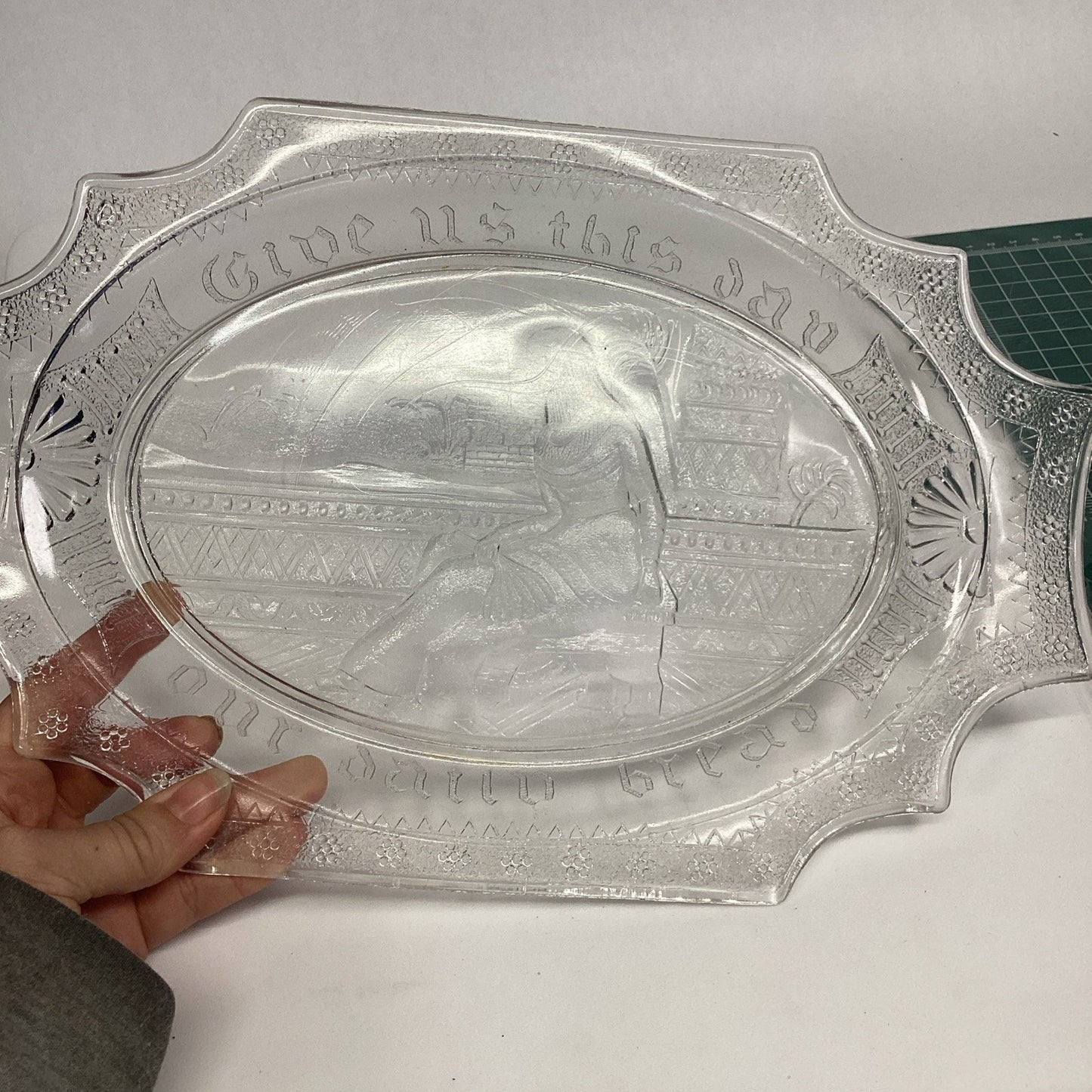 RARE VINTAGE Oval Glass Serving Plate GIVE US THIS DAY Egyptian Wheat Design