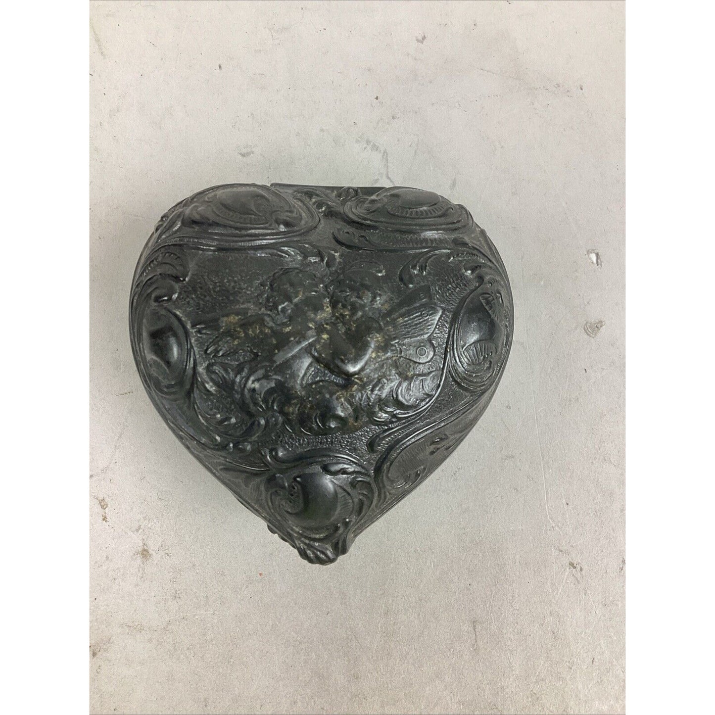 Heart Shaped Jewelry Casket Antique Metal With Hinged Lid & Silk Lining