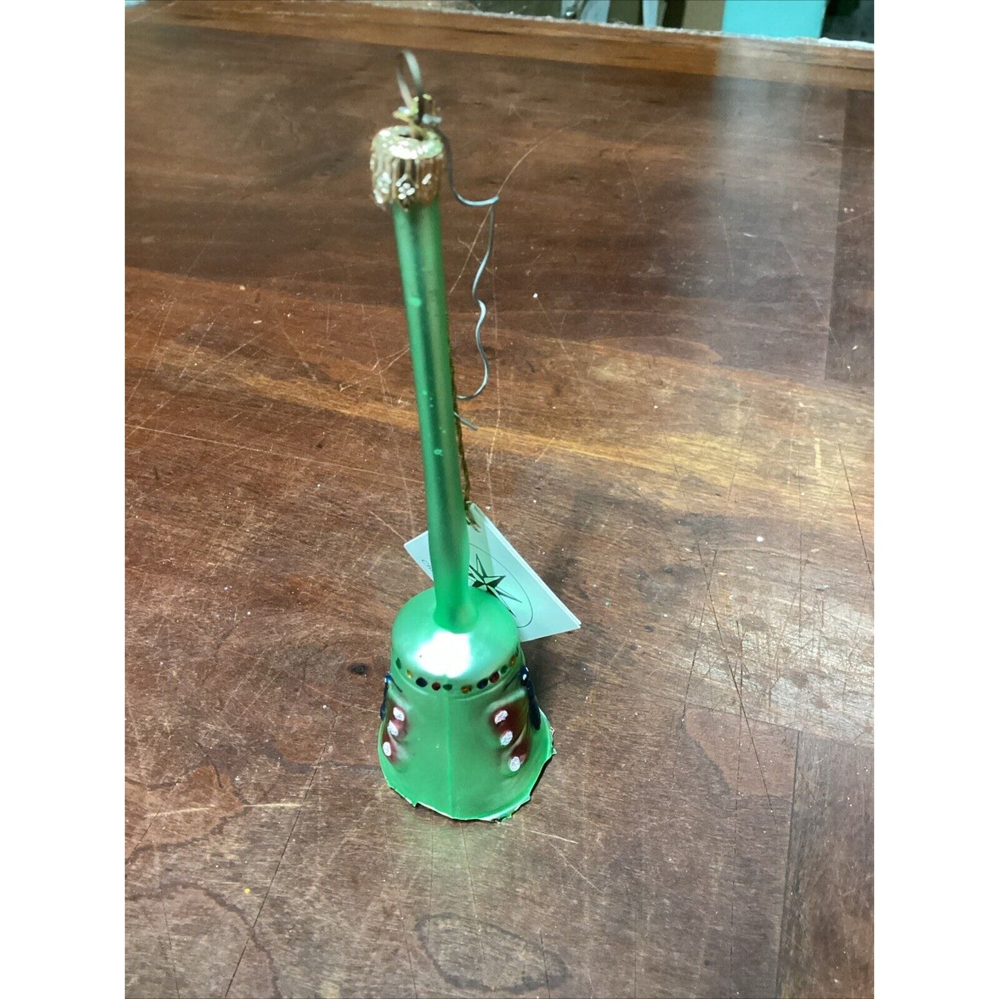 Christopher Radko Ornament Long Stem Green Bell with Butterfly - Base Is Damaged