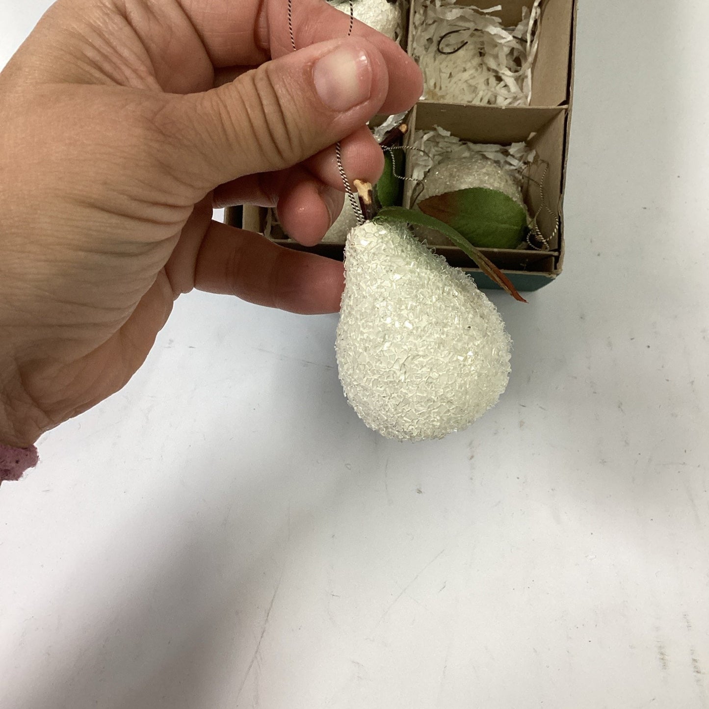 Vintage Set Of 6 Christmas Snow Pear Ornaments In Original Box #704833