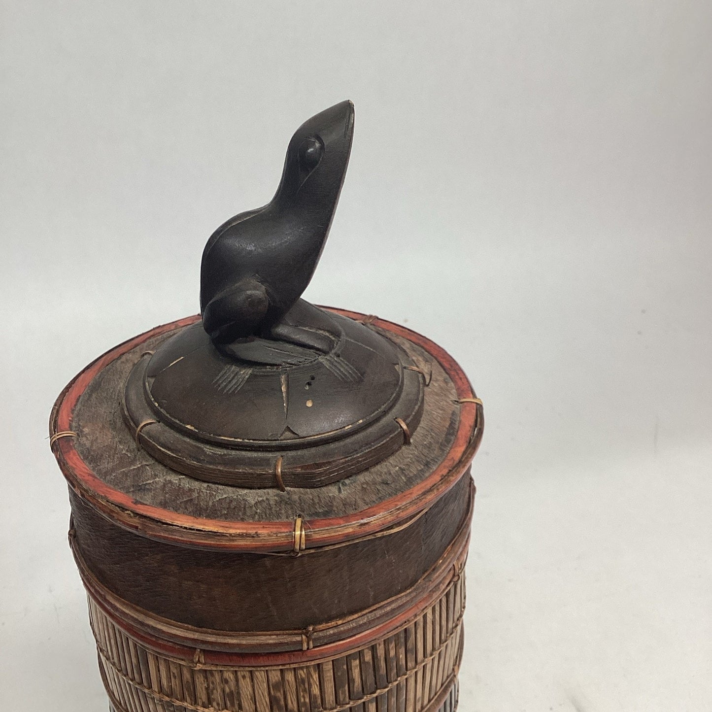 Indonesian / Balinese Handcrafted Bamboo Carved Frog Toad Container W/ Lid