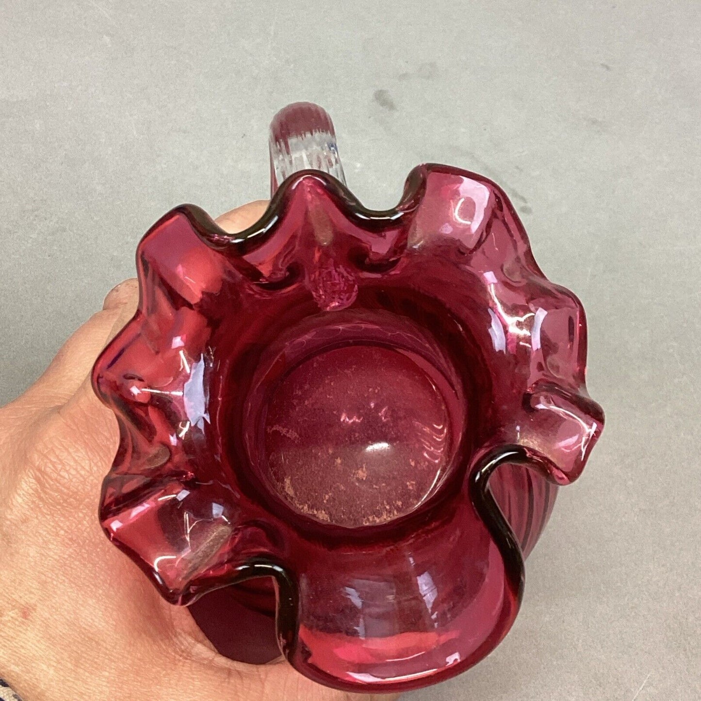 Fenton Cranberry Spiral Swirl Crimped Rim Glass Pitcher W/ Clear Handle - 5.5”H