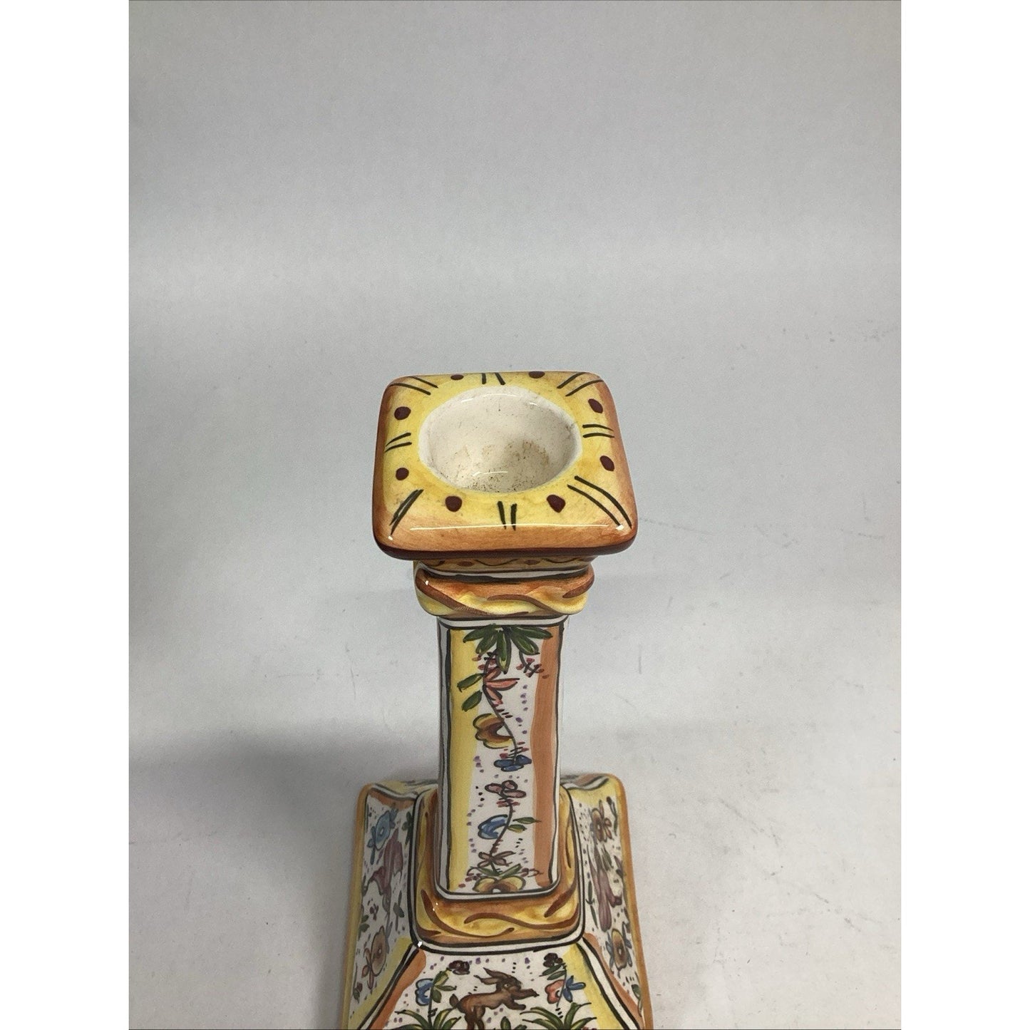 Portuguese Majolica Holu Candlestick W/ Bunnies, Birds And Flowers