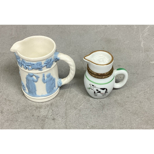 Wedgwood Embossed Queen's Ware Mini Pitcher & Limoges Cow Trinket Jug Figurine