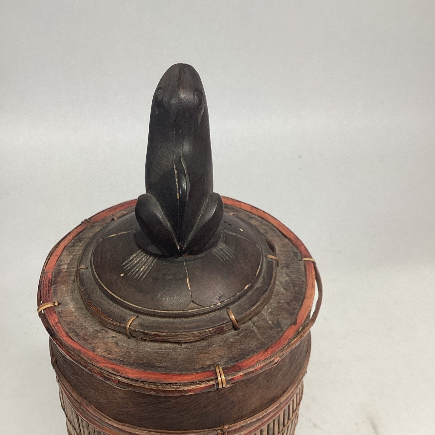 Indonesian / Balinese Handcrafted Bamboo Carved Frog Toad Container W/ Lid