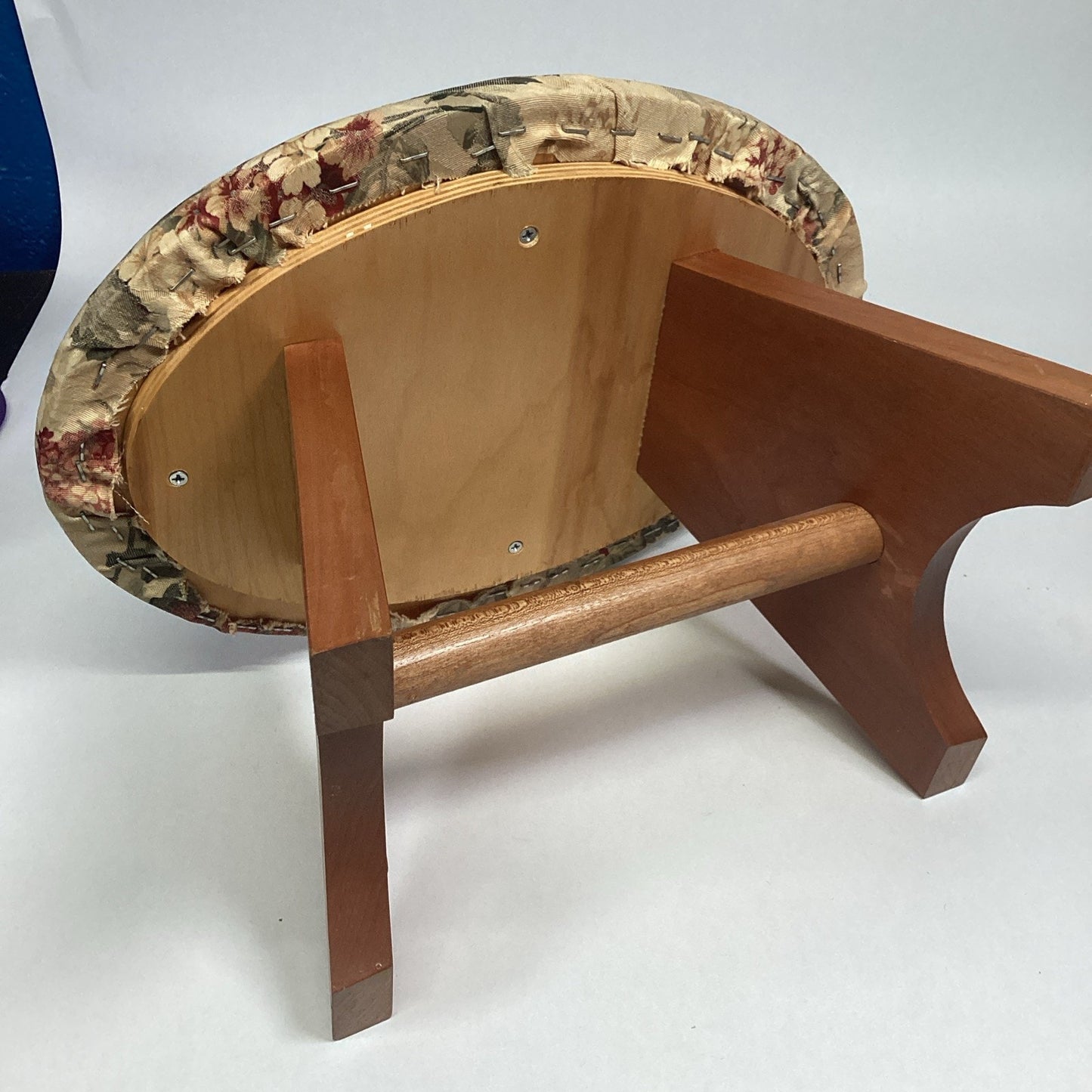 Vintage Floral Footstool Ottoman With Wooden Legs - 14x10.5x9”