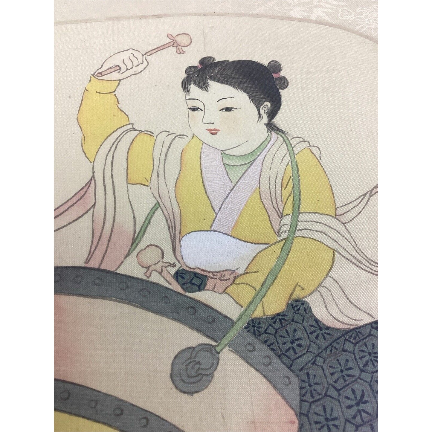 Antique Chinese Watercolor Painting On Silk - Girl Playing Drums