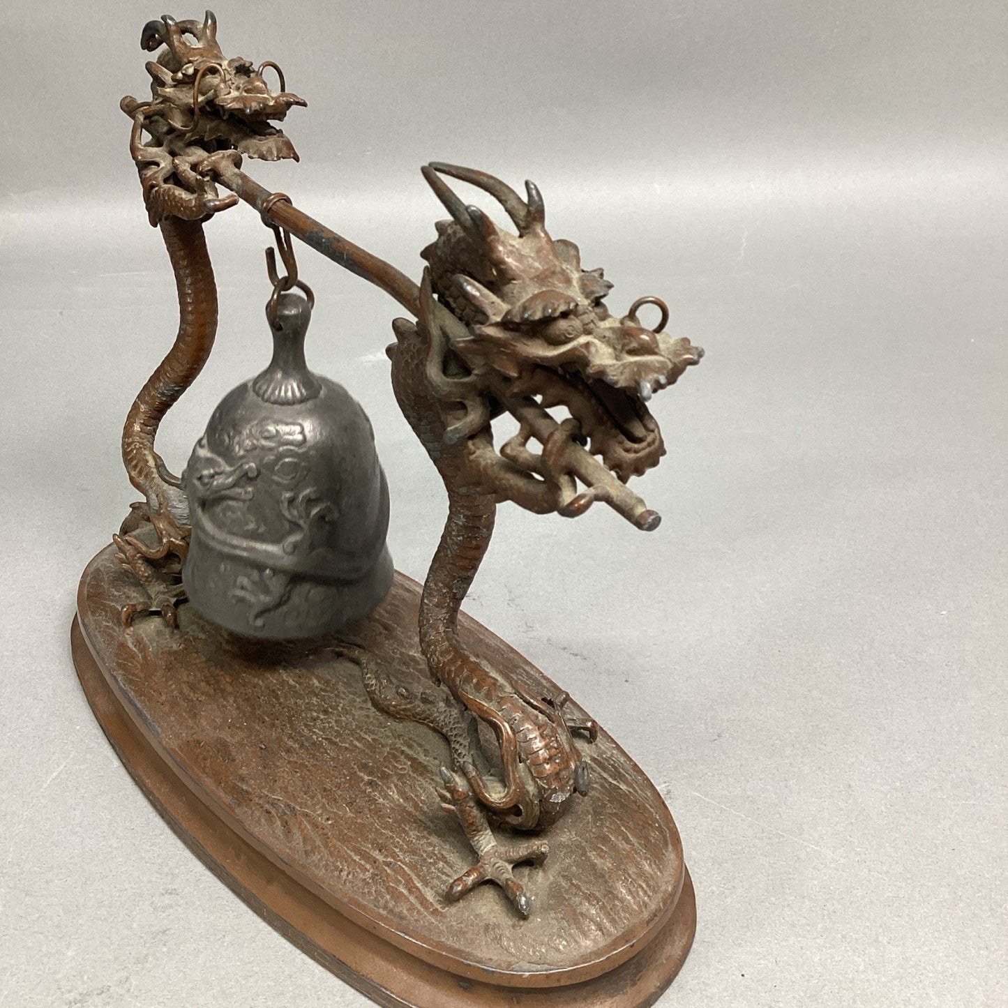 Vintage Chinese Bronze Dragons W/ Suspended Bell Statue Figurine - 8.5x3.5x7”