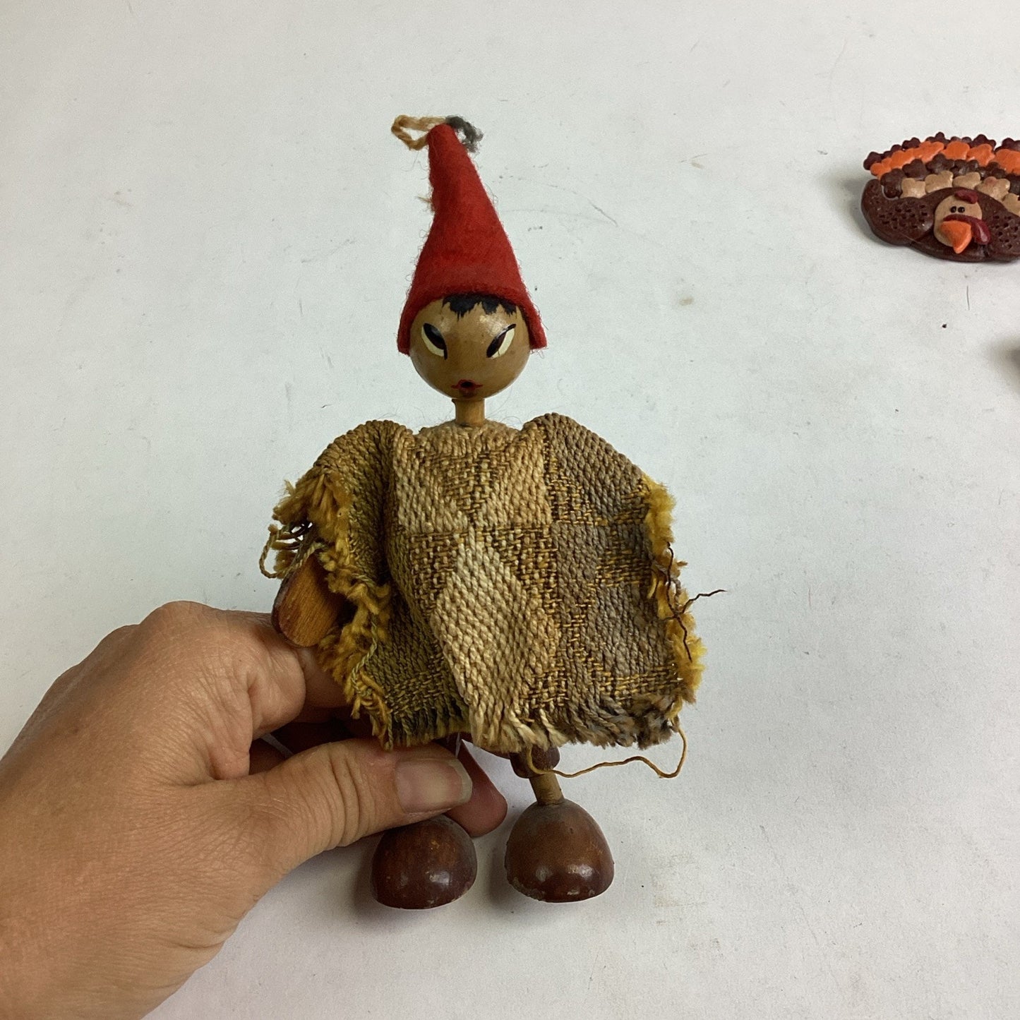 Wooden Handmade Doll, Handmade Turkey Pin & Hand Painted Eyeball Pottery