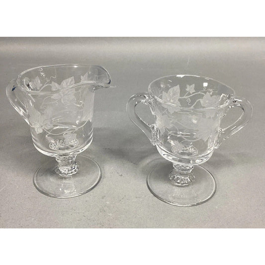 Vintage Glass Leaf Design Creamer And Sugar