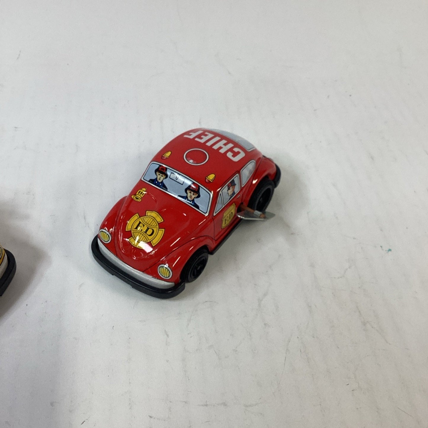 Vintage Lot of 2 Volkswagon Beetle Fire Chief/Racing Wind Up Tin Litho Japan