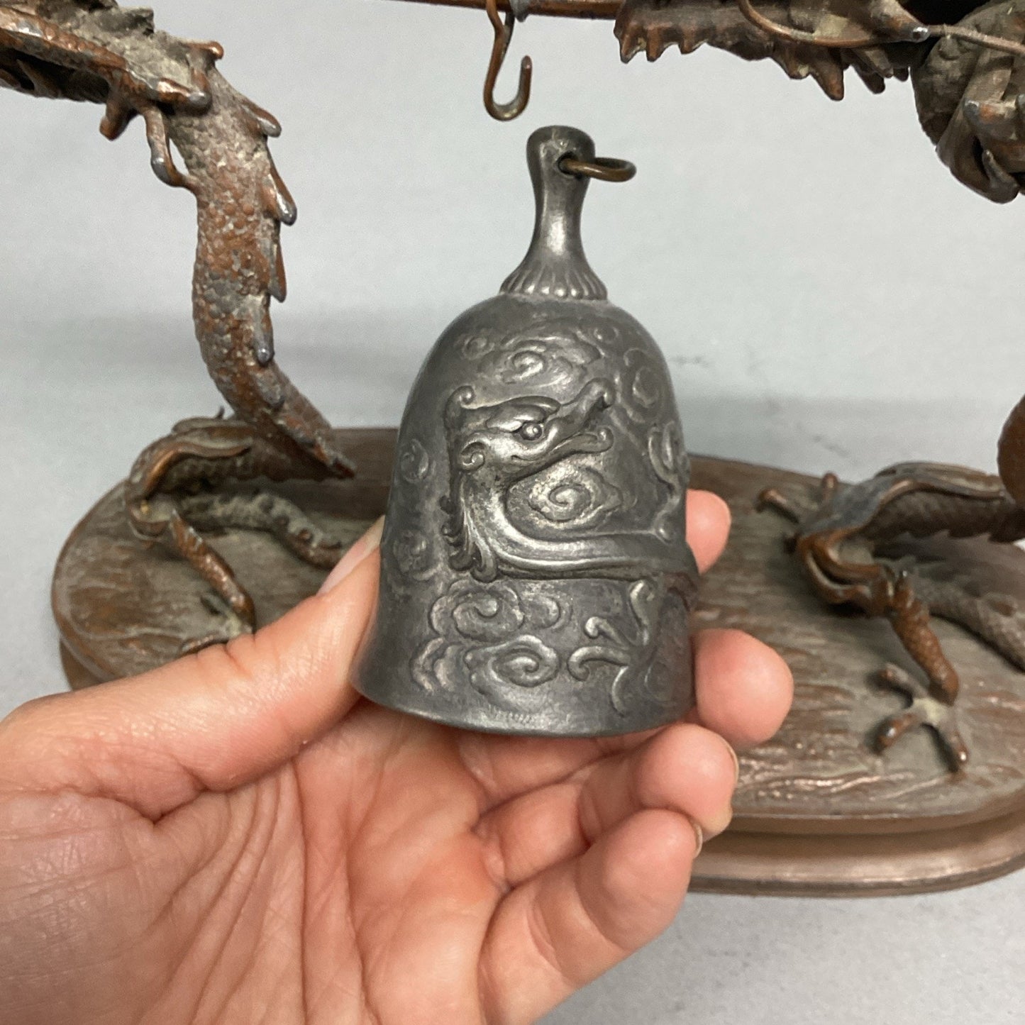 Vintage Chinese Bronze Dragons W/ Suspended Bell Statue Figurine - 8.5x3.5x7”