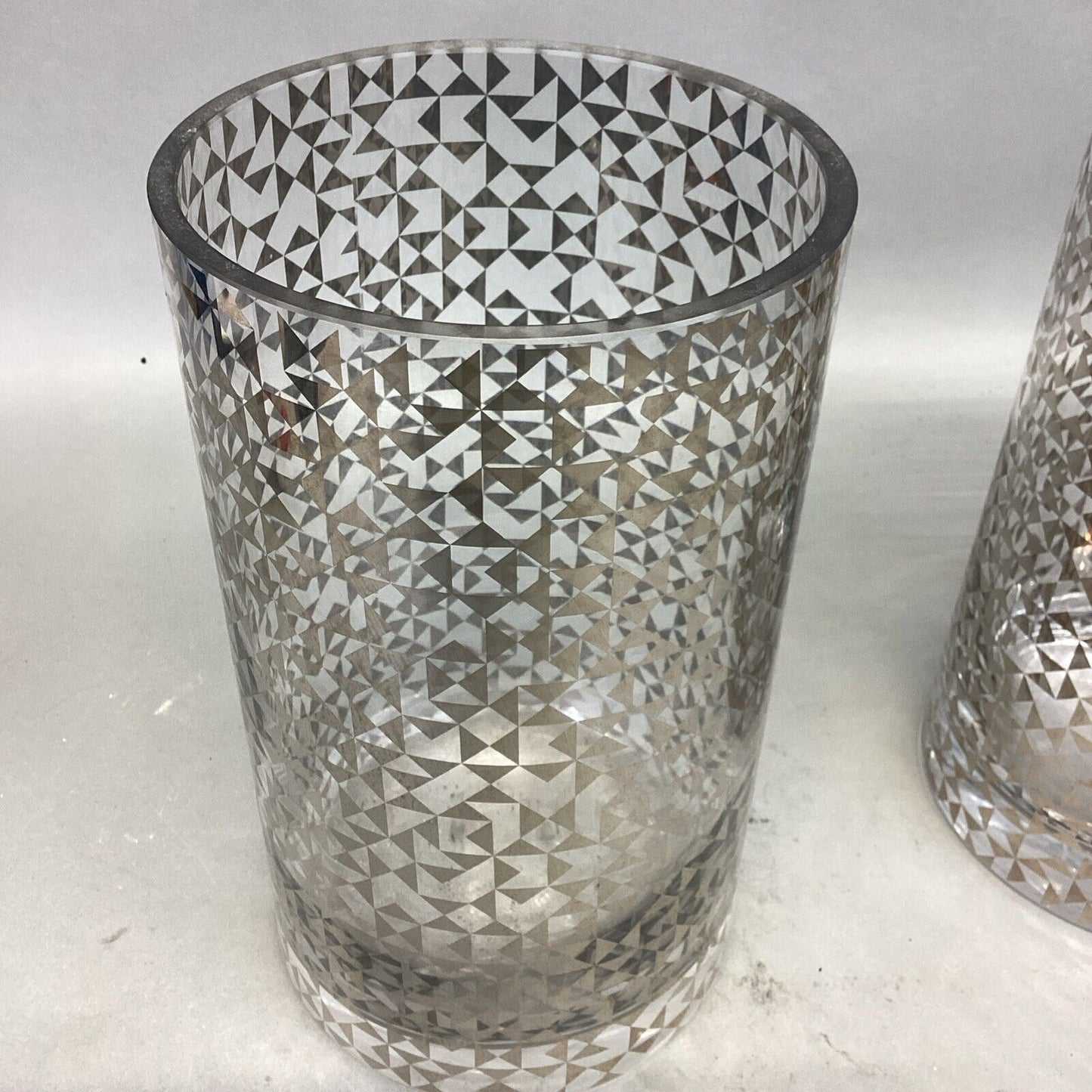 Set Of 2 Dwell Studio Silver Metallic Glass Vases - 10”Hx5.5”D - Made In Poland