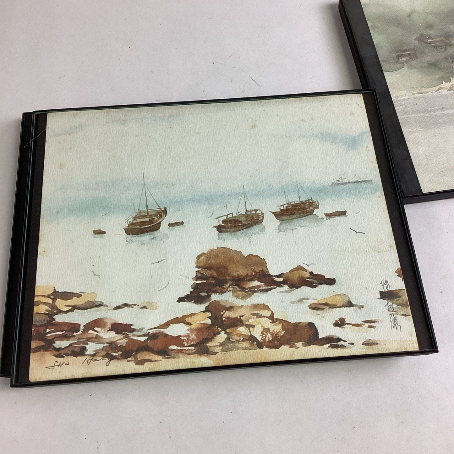 Lot Of 4 Chinese Watercolor Paintings And 1 Lighthouse Print