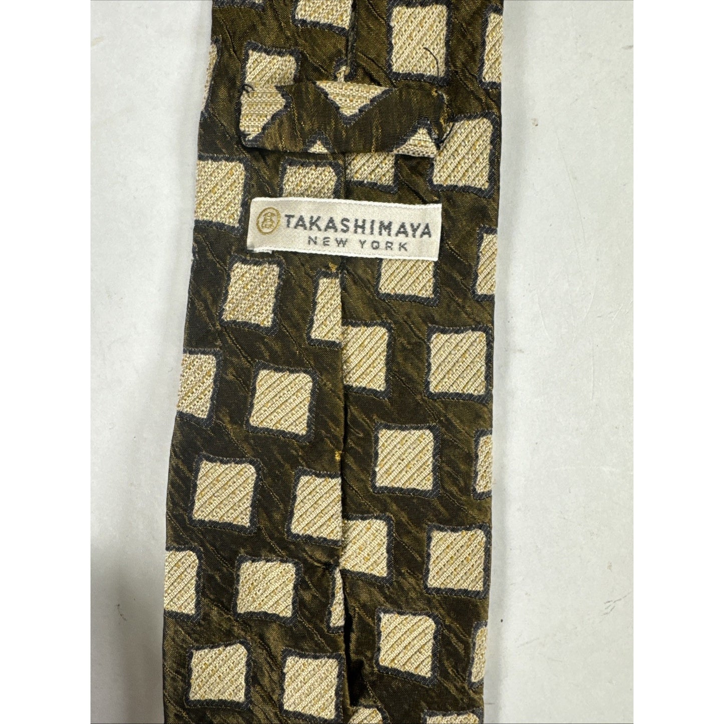 Takashimaya New York Silk Tie Necktie Italy Designer Square Brown And Beige