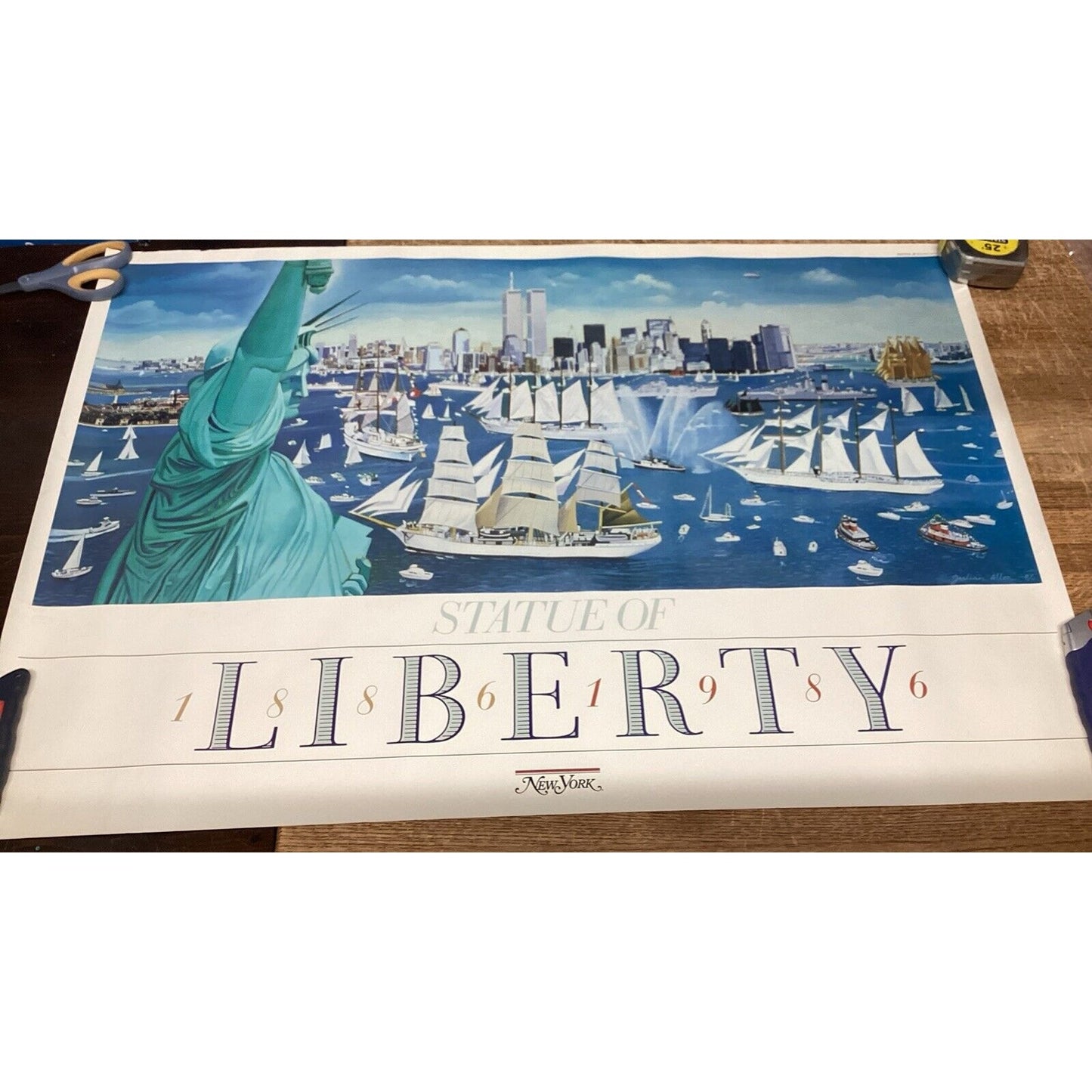 Statue Of Liberty New York Poster W/ Ships & World Trade Center - 36x24”