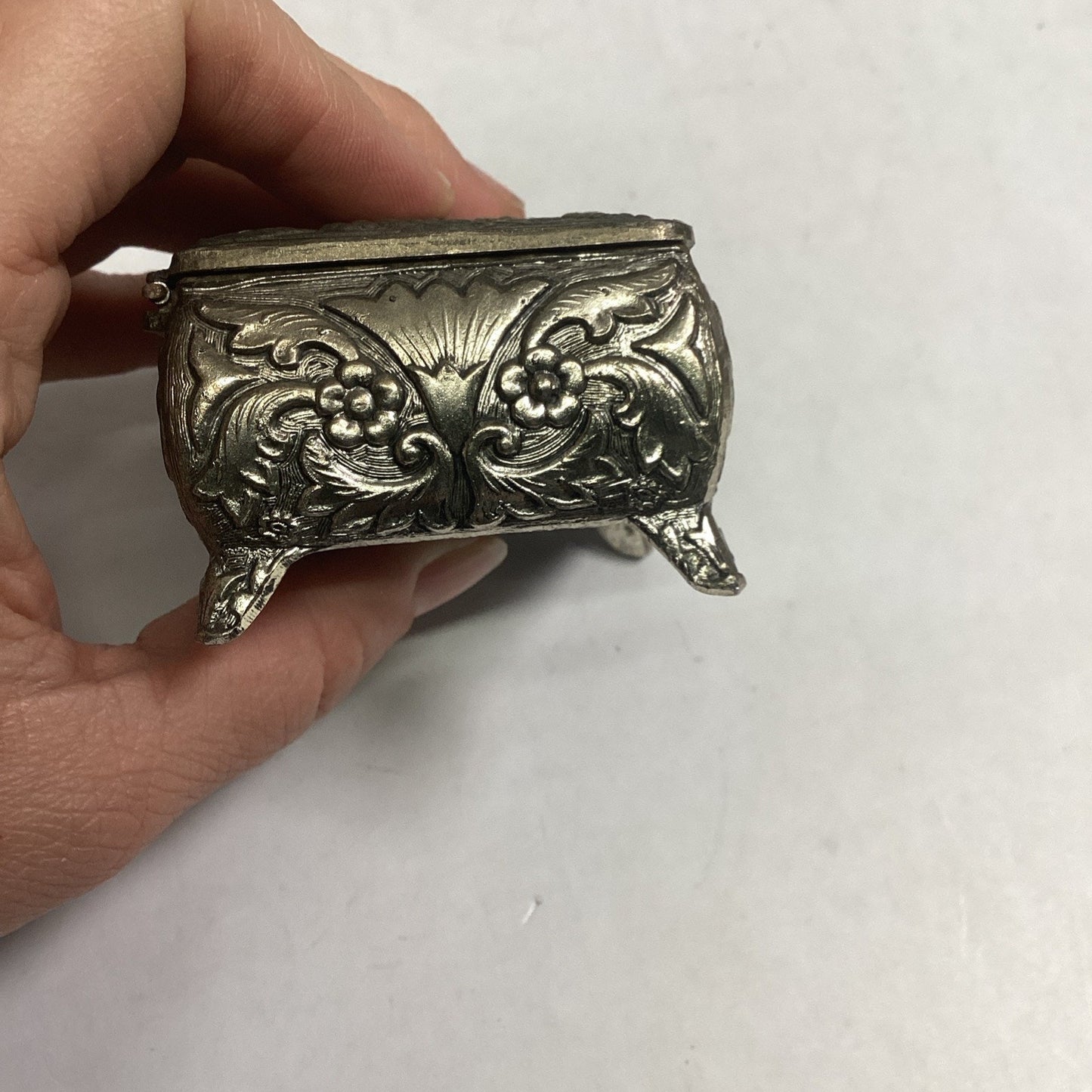 Vintage or Antique Japanese Ornate Trinket Jewelry Box with Red Lining