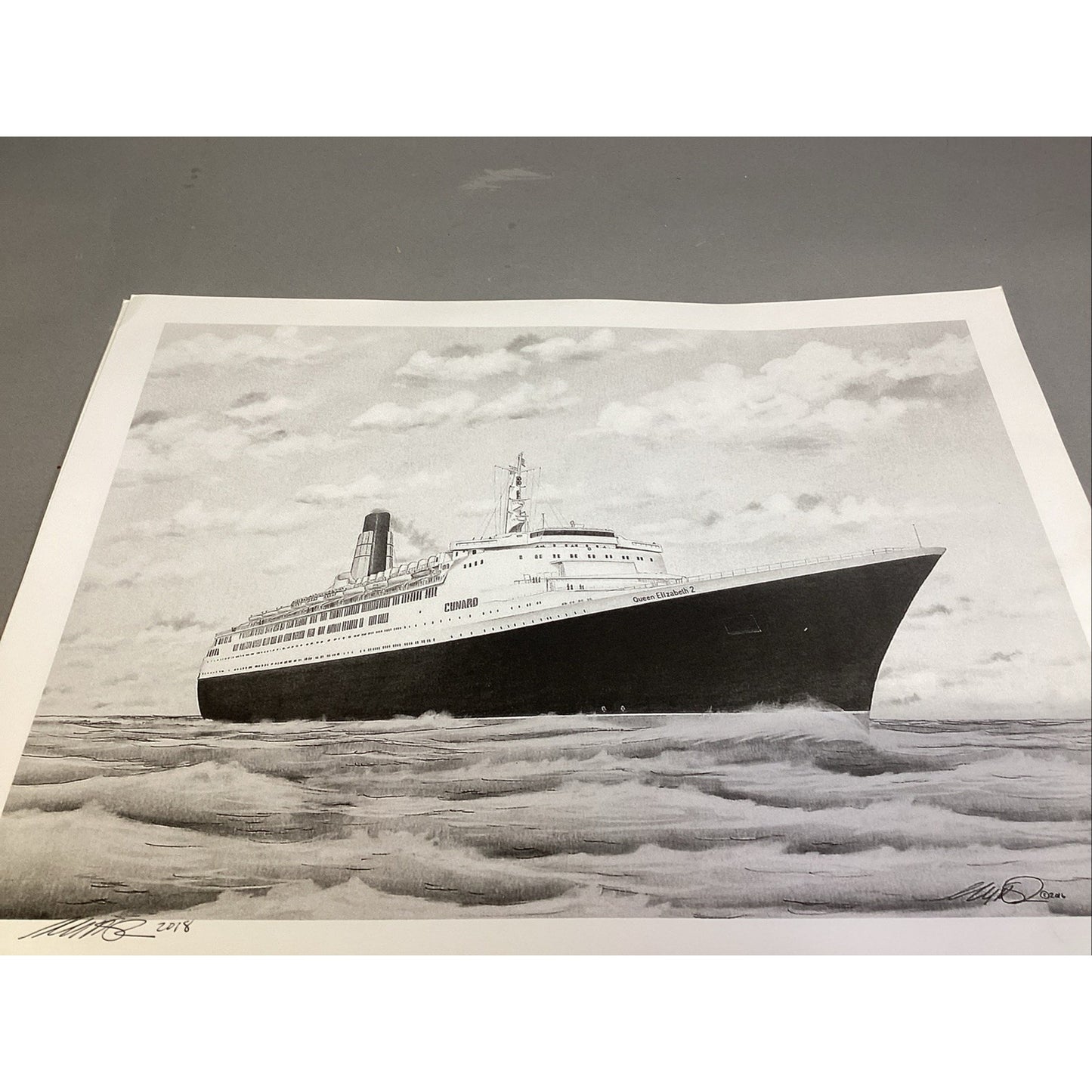 Cunard Queen Elizabeth 2 Ship Art Print - 16x12” - Signed In 2018