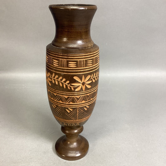 Vintage Hand-Turned Carved Wooden Vase - 10”