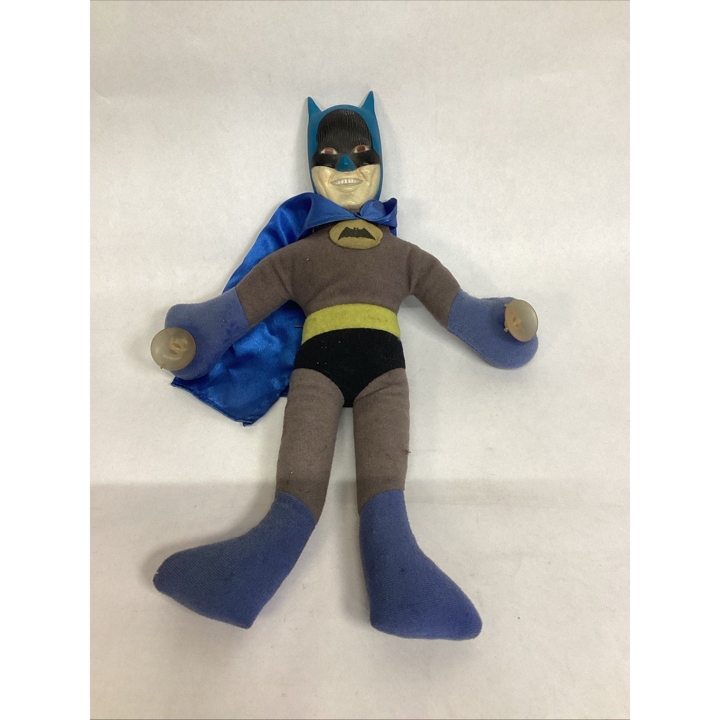 Vintage 1960's-1970's 13.5" Batman Plush Doll W/ Hard Plastic Face Window Cling