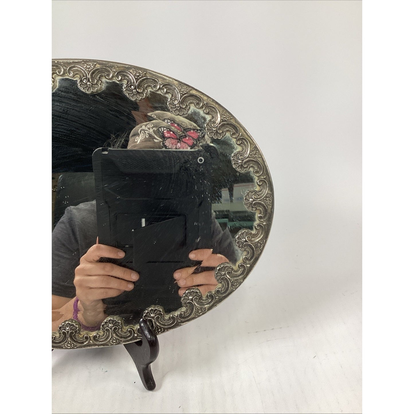 Antique Serving Plateau W/ A Mirrored Surface & Scroll Embossed Border