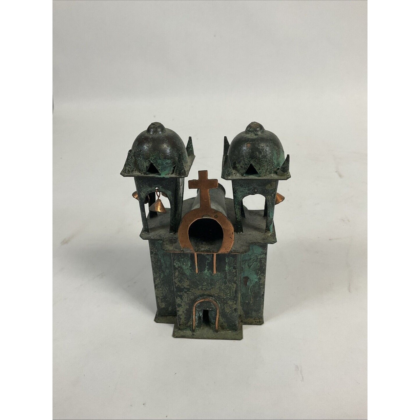 Set Of 3 Vintage Green Bronze & Copper Ayacucho Metal Church W/Bells From Peru
