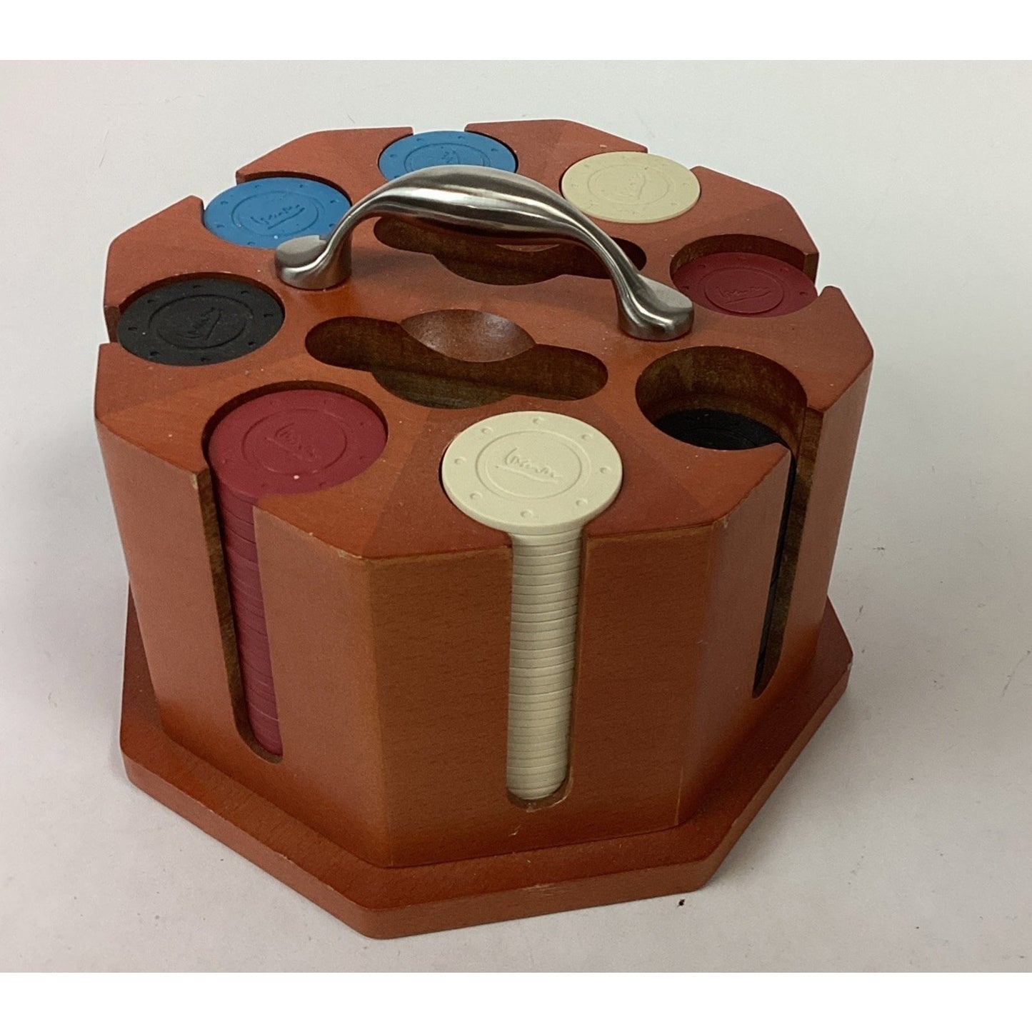 POKER CHIP Caddy In Wood Carousel 8 Slot, 2 Deck Holder, Chips Included