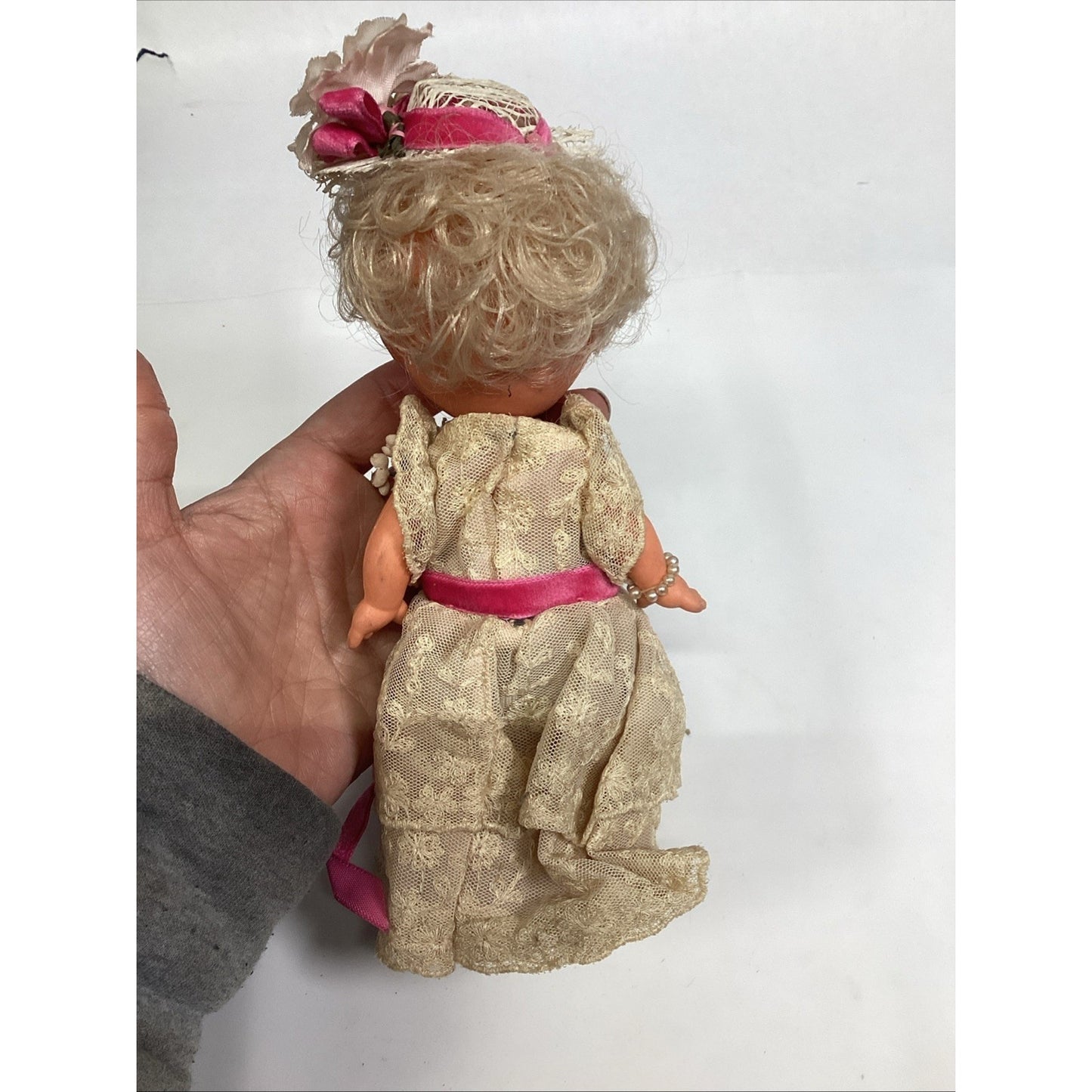 Vintage 1970’s Victorian Southern Belle W/ Lace Gown & Bonnet Made In Hong Kong