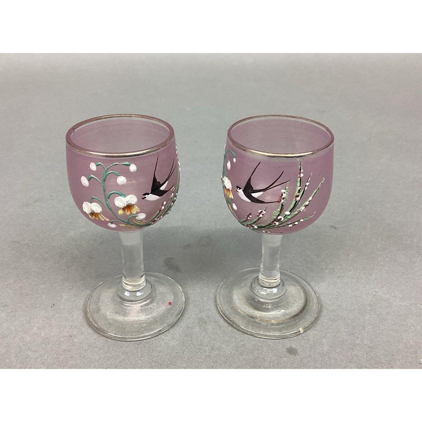 2 Unique Vintage Hand Painted Miniature Pink Wine Glasses Bird & Flowers - 3”