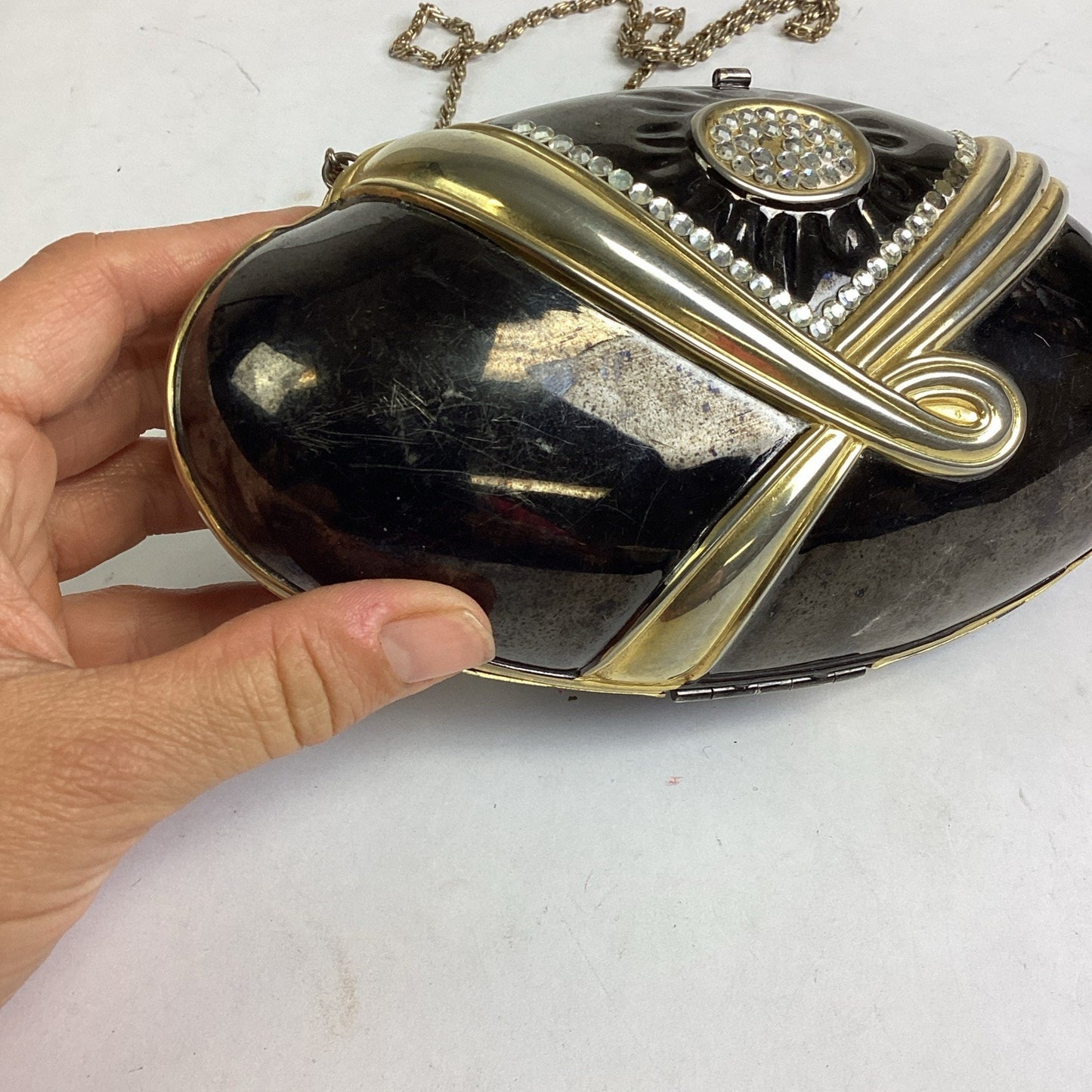 Vintage Black Evening Bag With Gold Trim, Rhinestones And Gold Chain