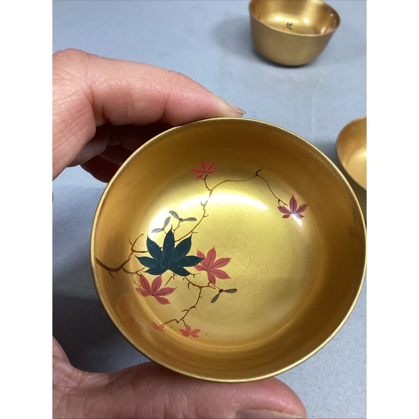 Set Of 6 Japanese Gold Floral Hand Painted Sake Cups