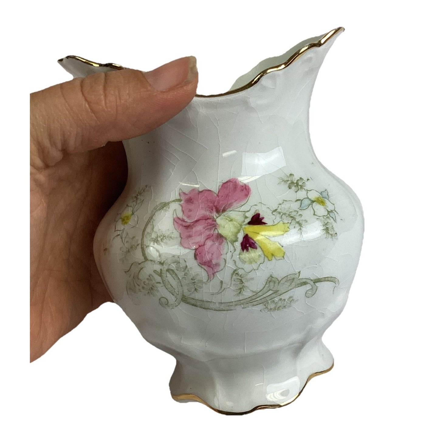 Vintage Homer Laughlin Floral Crackled Ceramic Porcelain Vase W/ Gold Trim