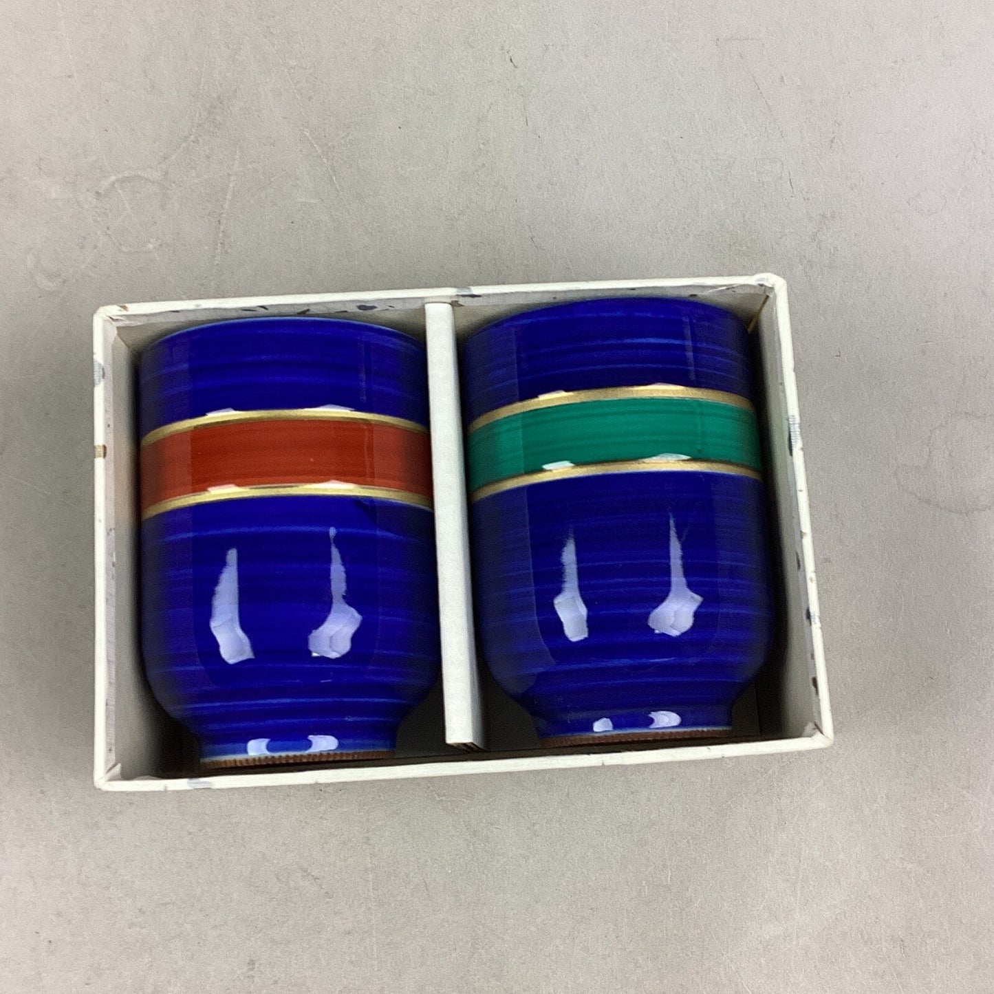 Set Of 2 Kotubuki Japanese Blue Striped Cups & 1 Black Gold Cup
