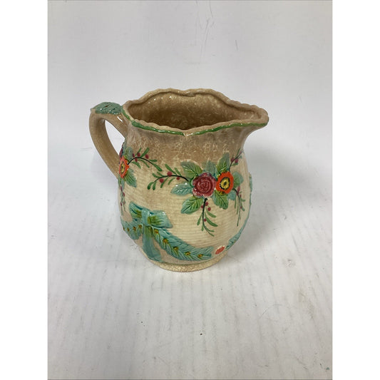 Vintage Majolica Colorful Floral Milk Pitcher - 5.5”H