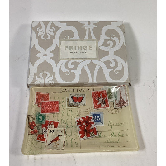 Fringe Studio Postcard Glass Trinket Tray Dish Small 4" x 6" Foreign Stamps